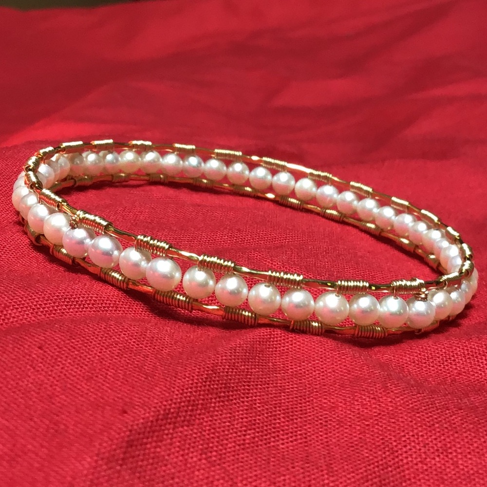 Gold Akoya Pearl bangle bracelet handmade